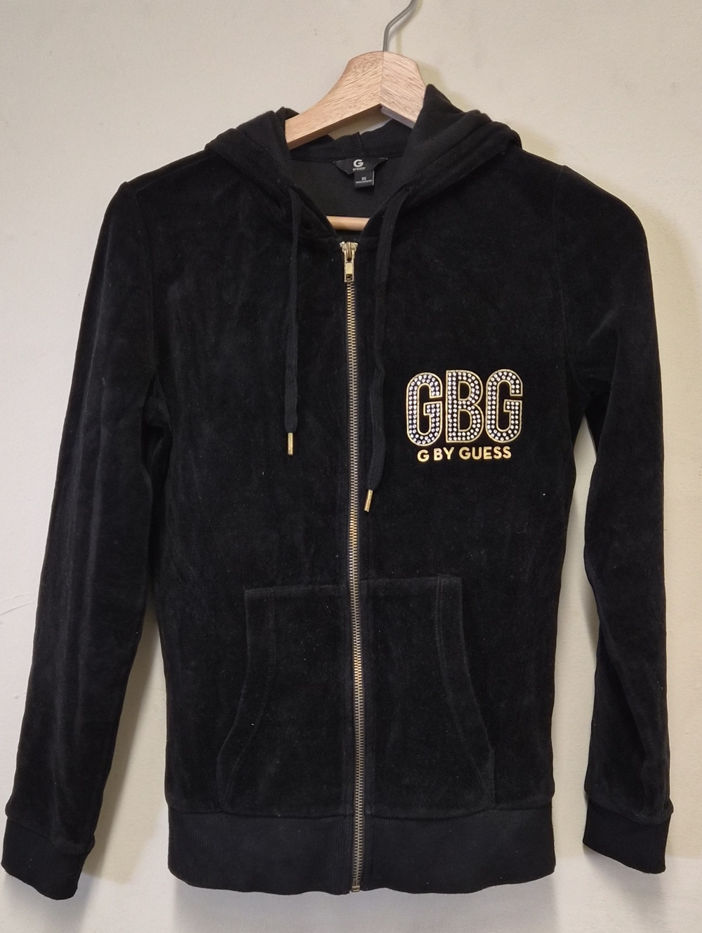G by Guess Black Velour Zip Hoodie with Gold Logo Size XS